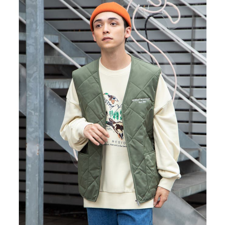 極美品 45R ナイロンのキルティングロングベスト ベルト ロゴ刺繍 ベージュ ロゴ刺繍キルティングベスト 秋 冬[品番：WG010085901]｜WEGO