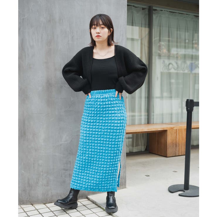 ブラック】ポップコーンスリットスカート 韓国 韓国ファッション[品番