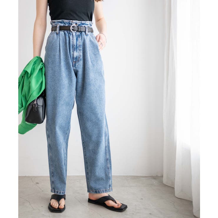 ウエストフリルタックテーパードデニムパンツ レディース 春