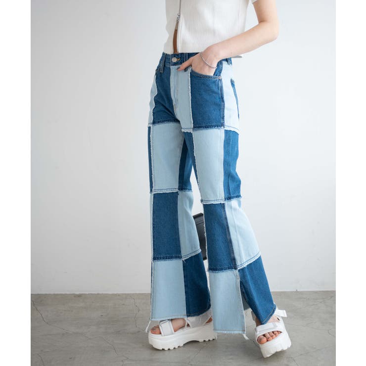 デニム中濃色 | パッチワークローライズフレアデニムパンツ レディース 春 | WEGO【WOMEN】