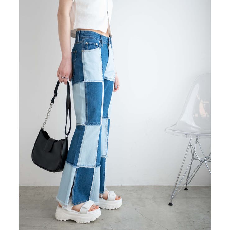 パッチワークローライズフレアデニムパンツ レディース 春[品番