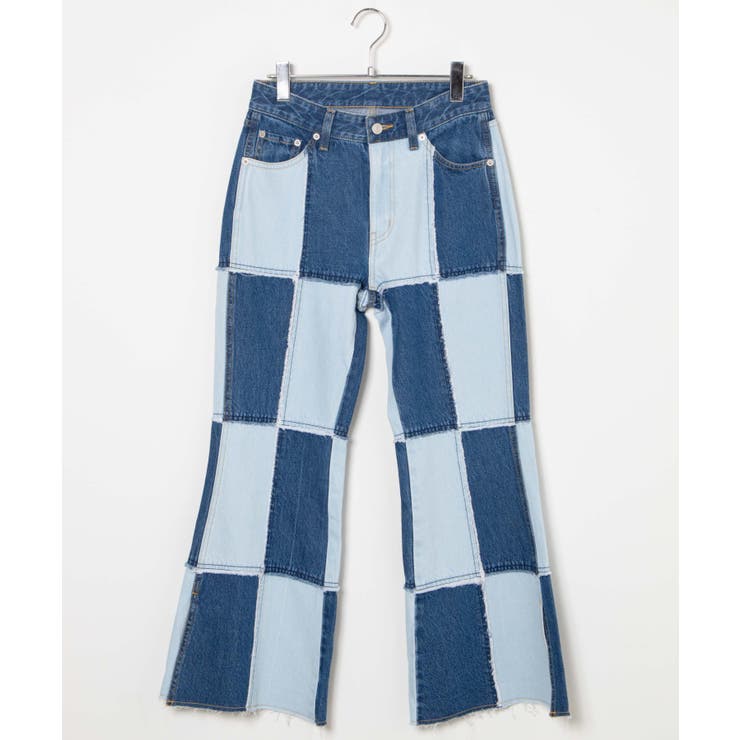 パッチワークローライズフレアデニムパンツ レディース 春[品番