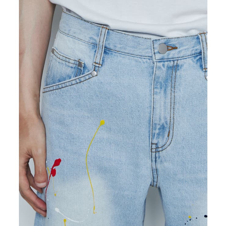 ペンキデニムスリムストレートパンツ メンズ レディース[品番