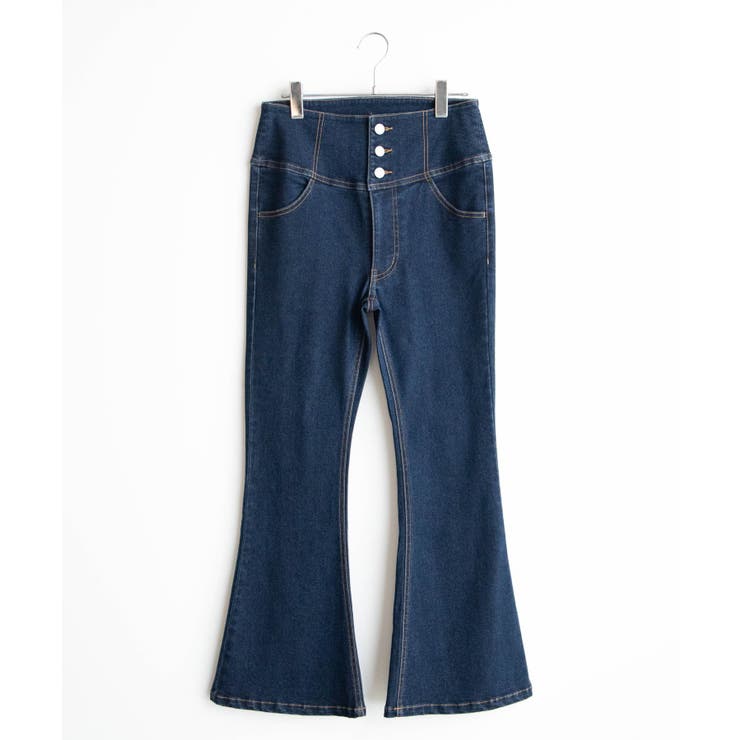 ハイウエストストレッチデニムフレアパンツ レディース 秋[品番