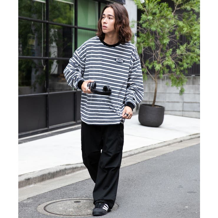 ベロアボーダーワンポイントロンTレディース 韓国 韓国ファッション