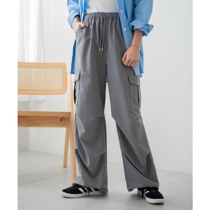 カーゴパンツ パラシュート 着やせ   ワイド  リボン 脇リボンパラシュートパンツ[品番：NHGW0004864]｜non-hedge
