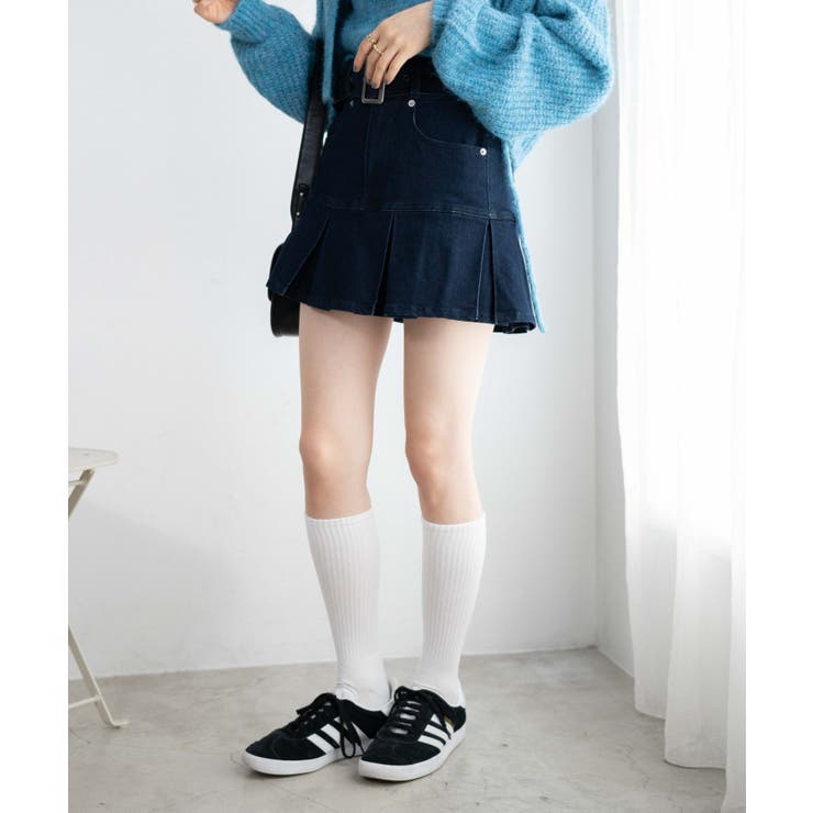 ベルト付デニムプリーツスカパン[品番：WG010089389]｜WEGO