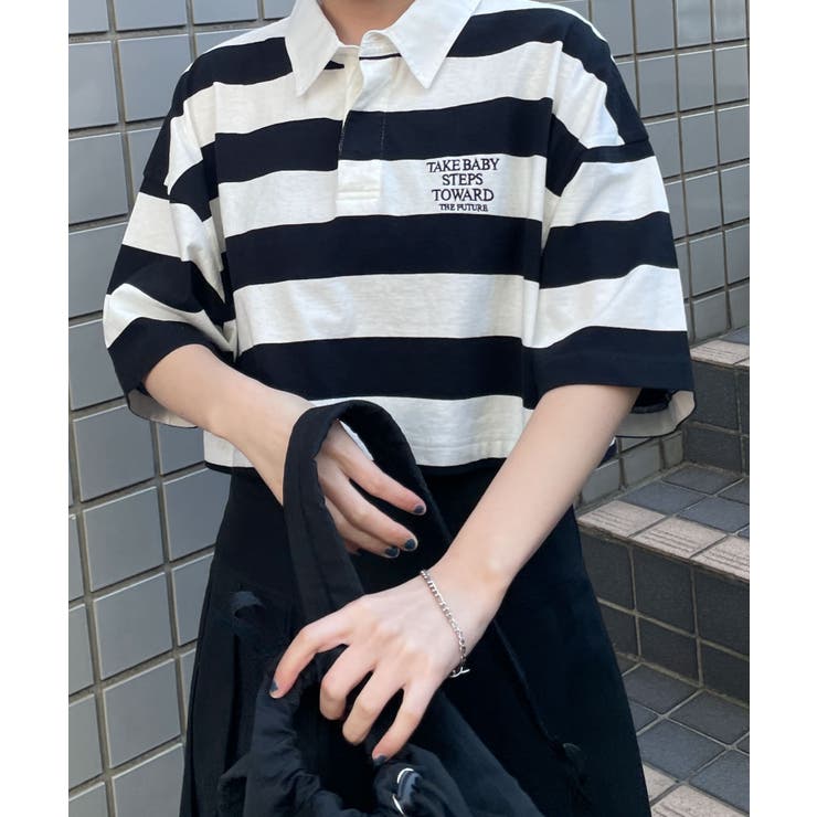 tシャツ oversize sleeve line ringer T-shirt/オーバーサイズ 袖ライン フロント刺繍 リンガー 半袖Tシャツ メ