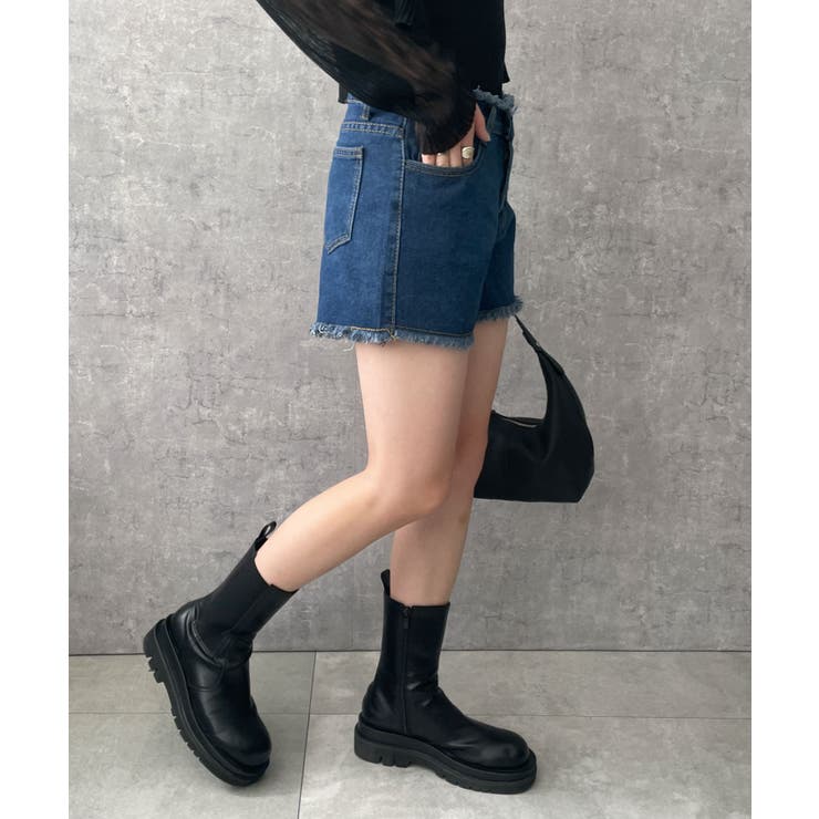 ハイウエストフリンジデニムショートパンツ[品番：WG010090681