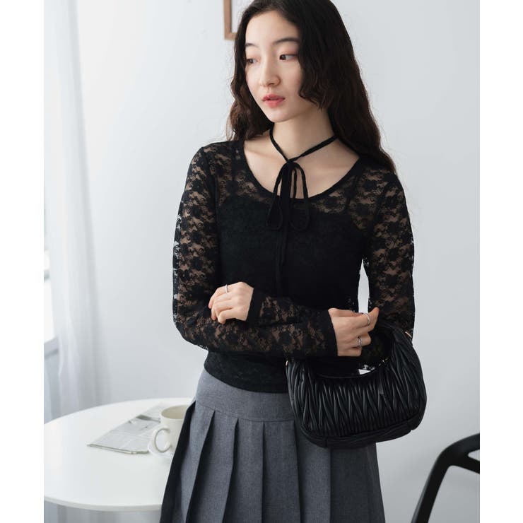 ヴァレンティノ 新品タグ付き レザーリボン付きチュールレースTシャツ チョーカーリボン付きレースロンT[品番：WG010090767]｜WEGO