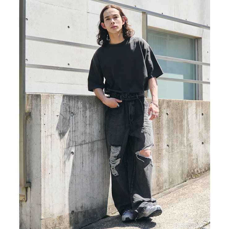 グランジ　クラッシュデニム　バギーシルエット　極太　ウォッシュ加工　デストロイ グランジ クラッシュデニム バギーシルエット 極太 ウォッシュ