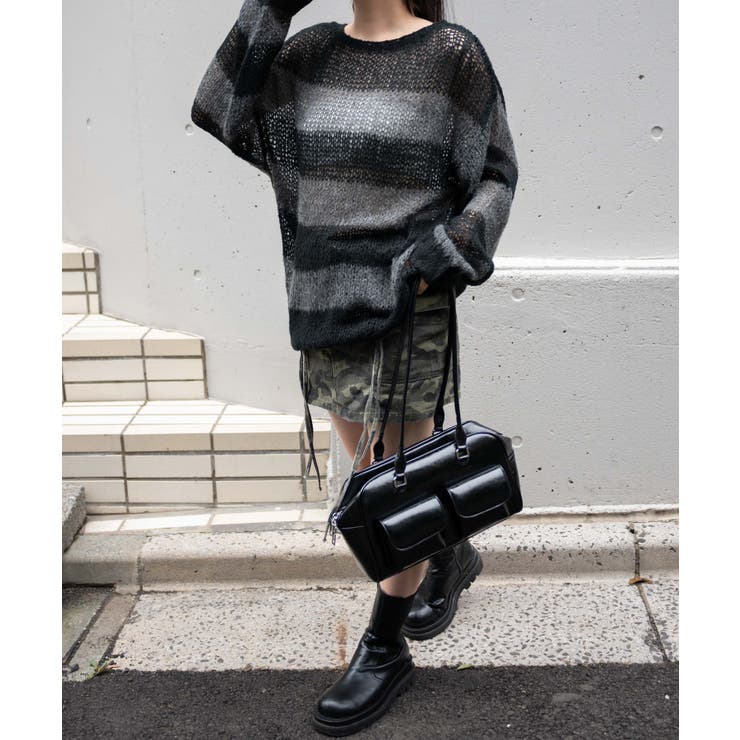 セール】WEGO/ボーダーモヘアタッチメッシュニットプルオーバー