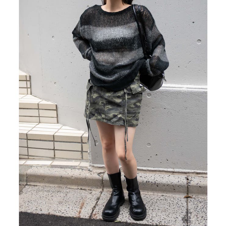 ボーダーモヘアタッチメッシュニットプルオーバー[品番：WG010091158
