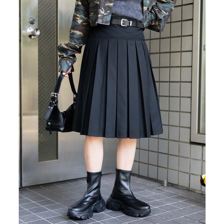 アメリカ通販ファッション ベルト付プリーツミドルスカート[品番：WG010092180]｜WEGO スカート