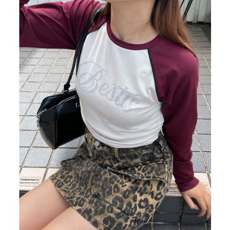 ラインストーンサイドドロストラグランロンT[品番：WG010092308