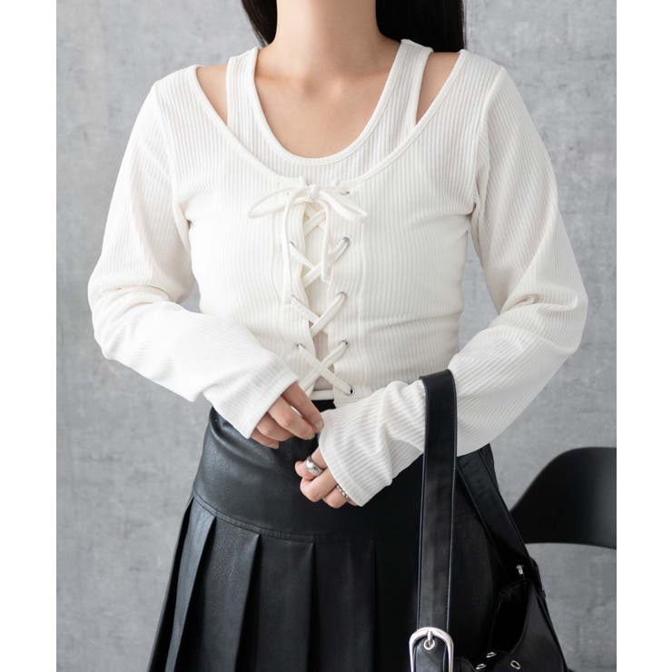 黒 ヒョウ柄 レースアップ 長袖トップス レイヤードレースアップ長袖