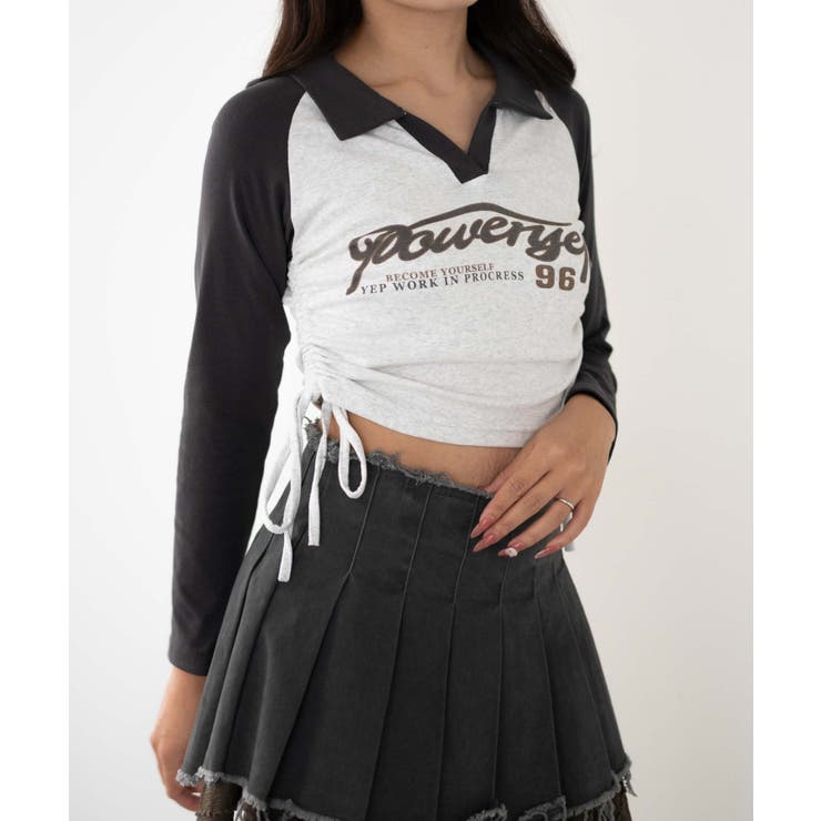 サイドギャザー配色ロゴVネックトップス[品番：WG010092641]｜WEGO
