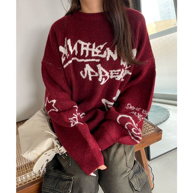 ワイン | フラッフィーグラフィックBIGニットプルオーバー | WEGO【WOMEN】