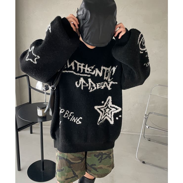 ブラック | フラッフィーグラフィックBIGニットプルオーバー | WEGO【WOMEN】