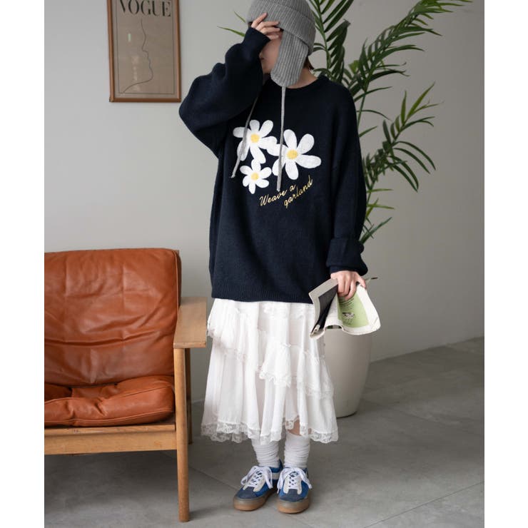 【こまページ】WEGO ユニセックス　オーバーサイズ　フラワーパターン　ビ フラッフィーグラフィックBIGニットプルオーバー[品番