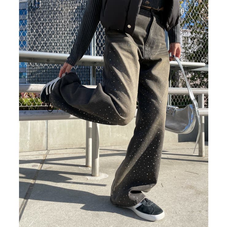 ラインストーンストレートデニムパンツ[品番：WG010093040