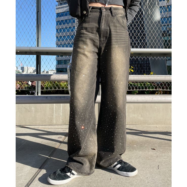 ラインストーンストレートデニムパンツ[品番:WG010093040 ラインストーンストレートデニムパンツ[品番:WG010093040
