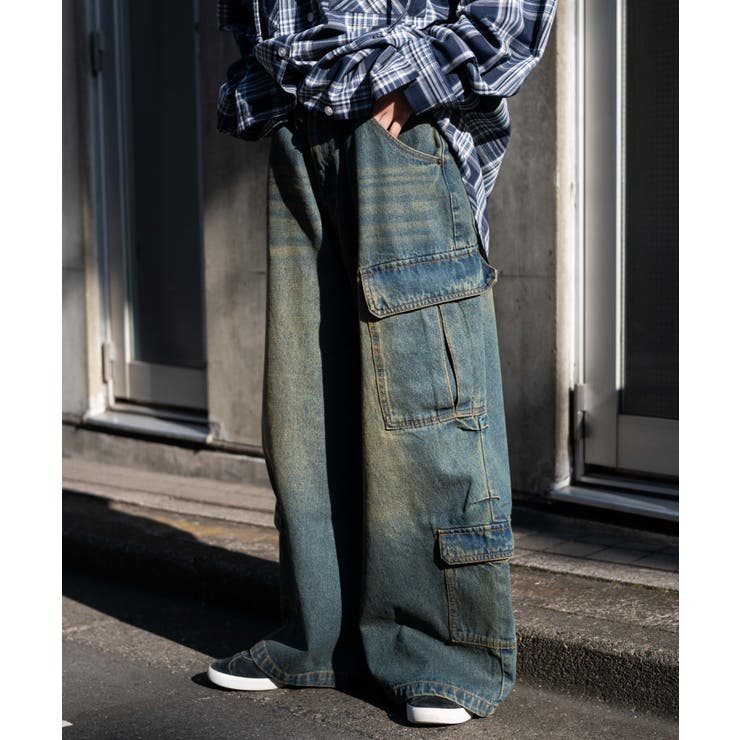 デニム中濃加工色 | ヴィンテージウォッシュバギーカーゴパンツ | WEGO【WOMEN】