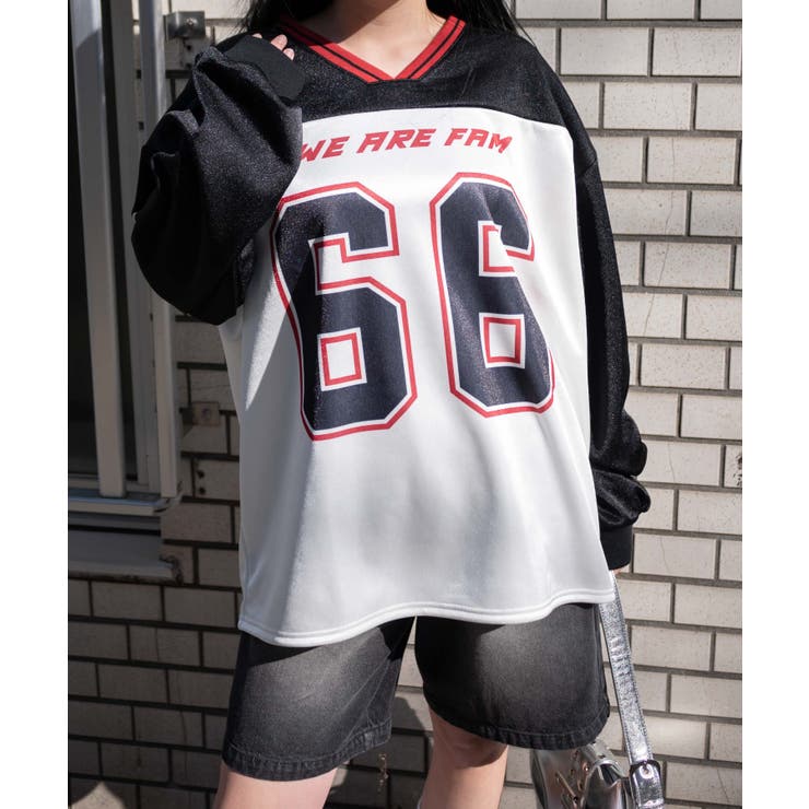 ブラック | VネックナンバリングサテンBIGスウェット | WEGO【WOMEN】