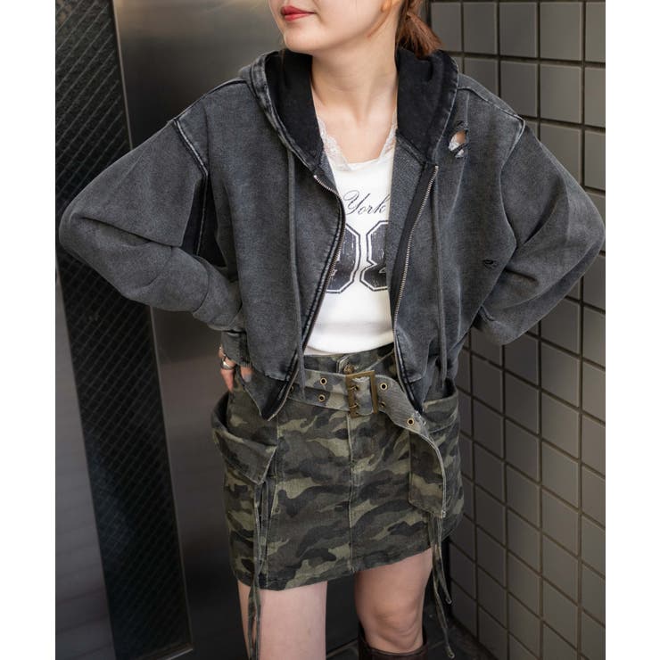パーカー G/Oダメージフーディ レディース ANGIE パーカー シアーダンボール シップアップ フーディー