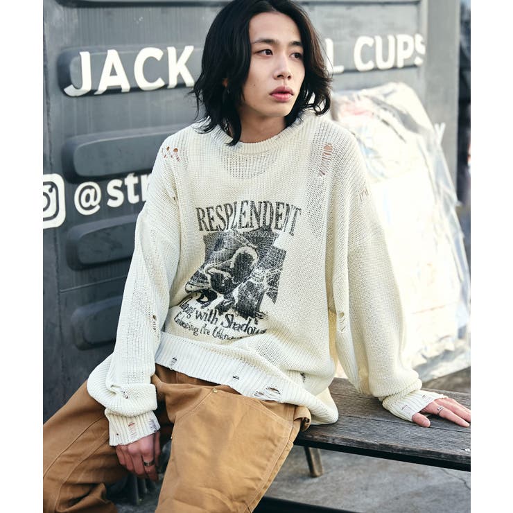 上品なファッション グラフィックダメージニットプルオーバー[品番：WG010093449 コスプレウィッグ