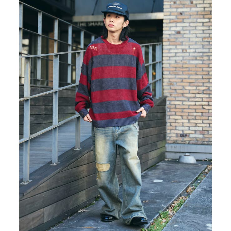 ボーダーダメージニットプルオーバー[品番：WG010093450]｜WEGO