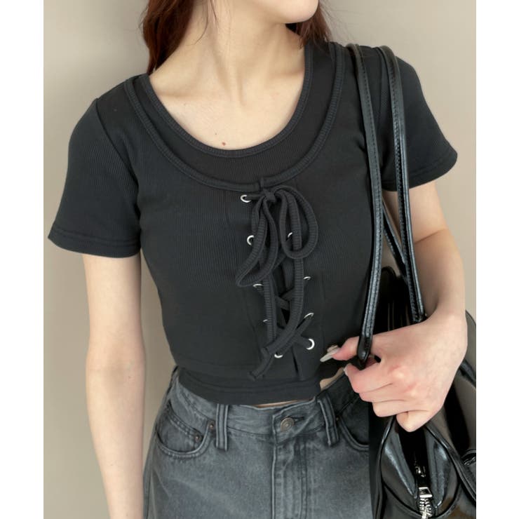 ブラック | ヴィンテージライクレースアップT | WEGO【WOMEN】