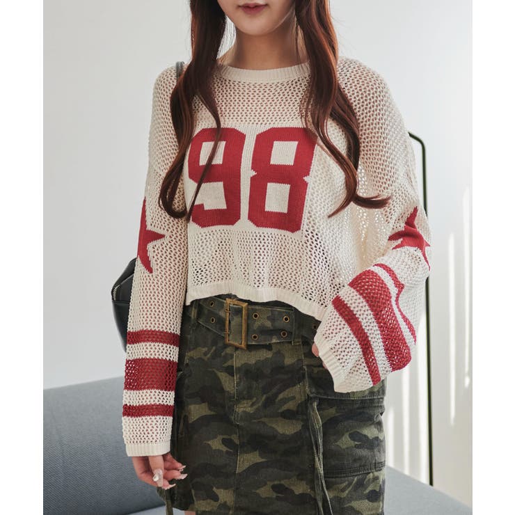 レッド | ナンバリングメッシュショートニット | WEGO【WOMEN】