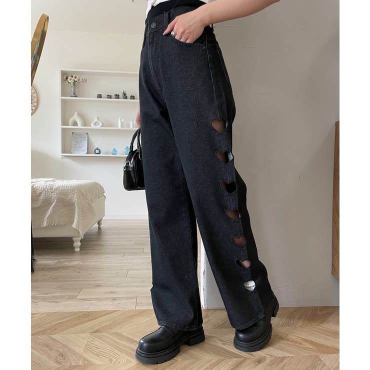 go!go!vanillas パンツ 黒 Mサイズ ハートサイドラインストレートパンツ[品番：WG010094097]｜WEGO