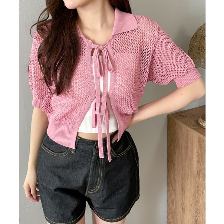 襟付きリボンメッシュショートカーデ | WEGO【WOMEN】 | 詳細画像1 