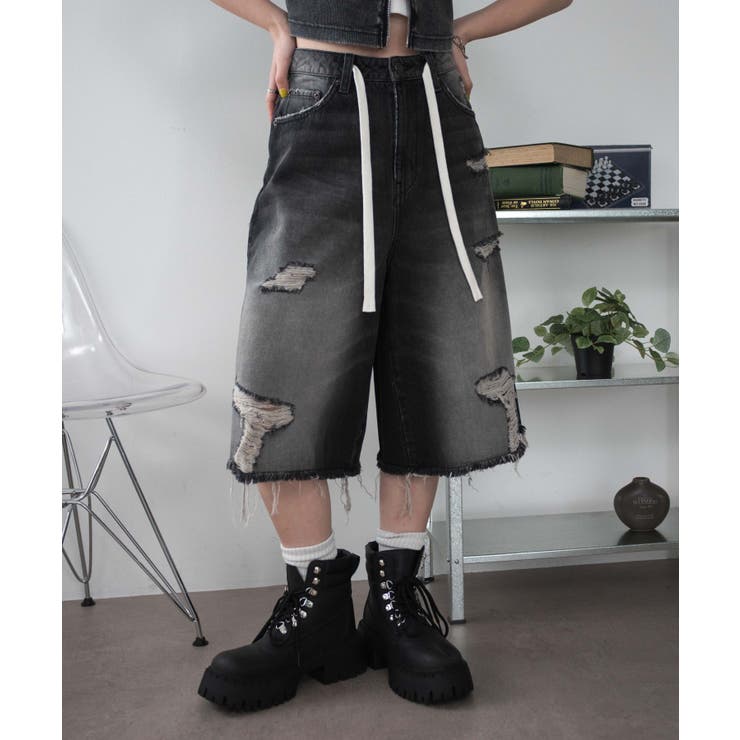 ヴィンテージウォッシュダメージバギーハーフパンツ[品番