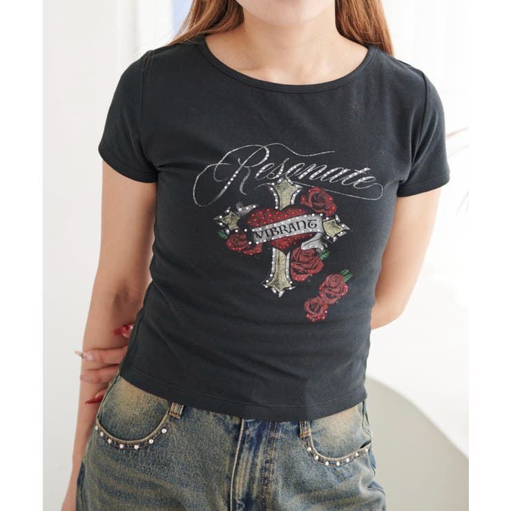 ブラック | ラインストーンハートグラフィックちびT | WEGO【WOMEN】
