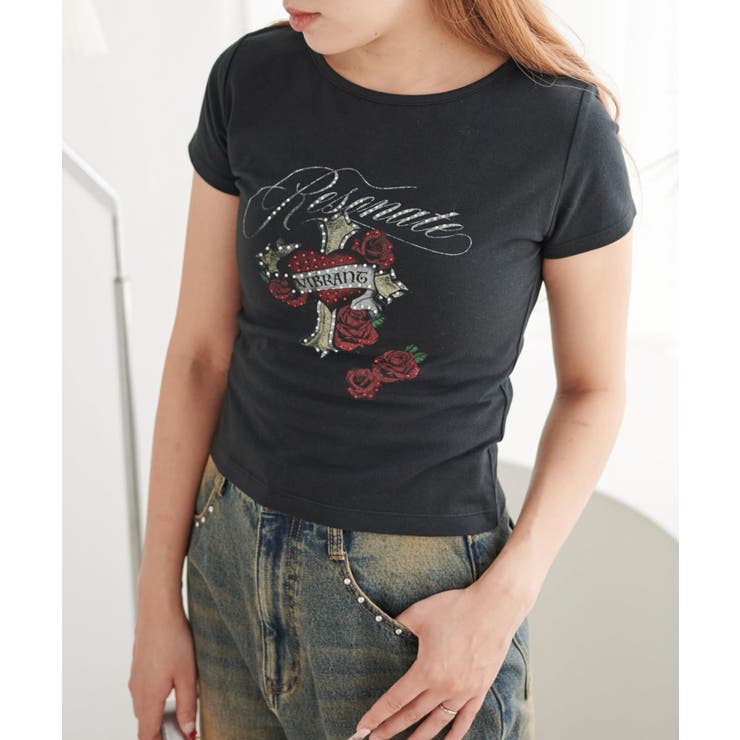 ラインストーンハートグラフィックちびT[品番：WG010094651