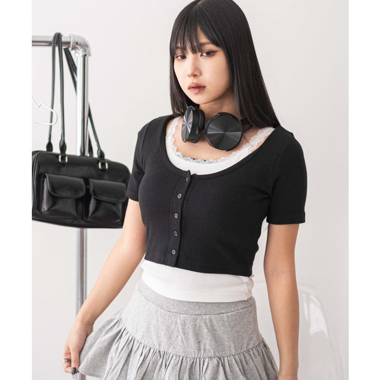 ブラック | レースキャミレイヤード風ちびT | WEGO【WOMEN】