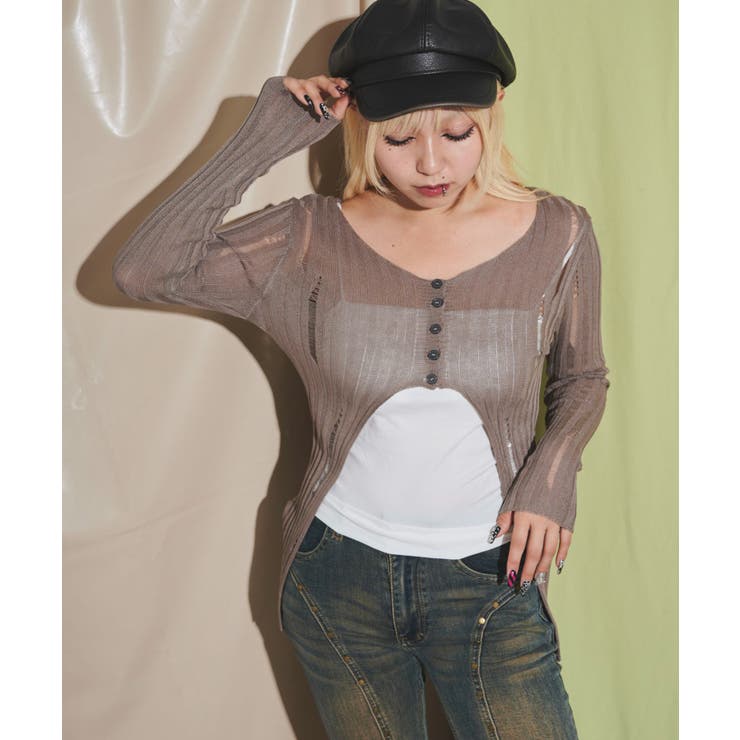 フロントボタンダメージヘムニット | WEGO【WOMEN】 | 詳細画像1 