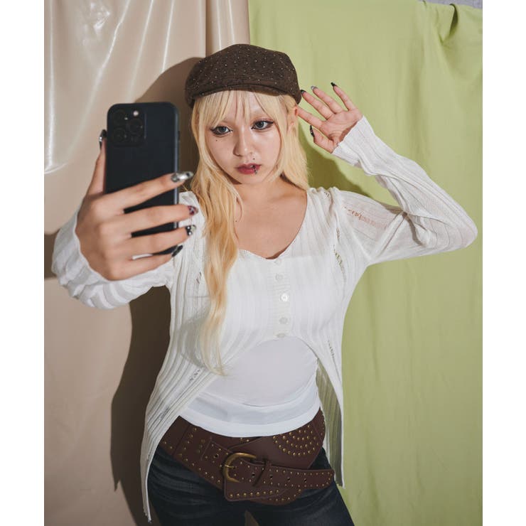 ホワイト | フロントボタンダメージヘムニット | WEGO【WOMEN】