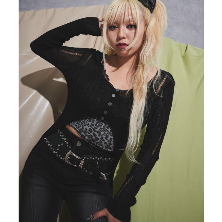 ブラック | フロントボタンダメージヘムニット | WEGO【WOMEN】