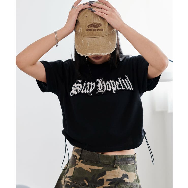 ブラック | グラフィックサイドドロストショートT | WEGO【WOMEN】