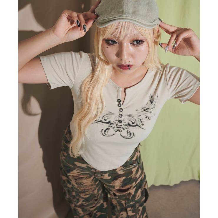 ベージュ | ヘンリーネックドームスタッズT | WEGO【WOMEN】