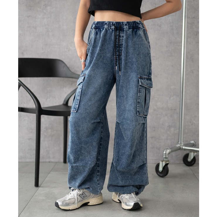 デニム中濃加工色 | デニムイージーパラシュートカーゴパンツ | WEGO【WOMEN】