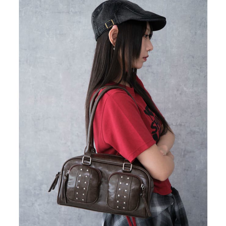 ブラウン | スタッズ付き立体ポケットボストン | WEGO【WOMEN】