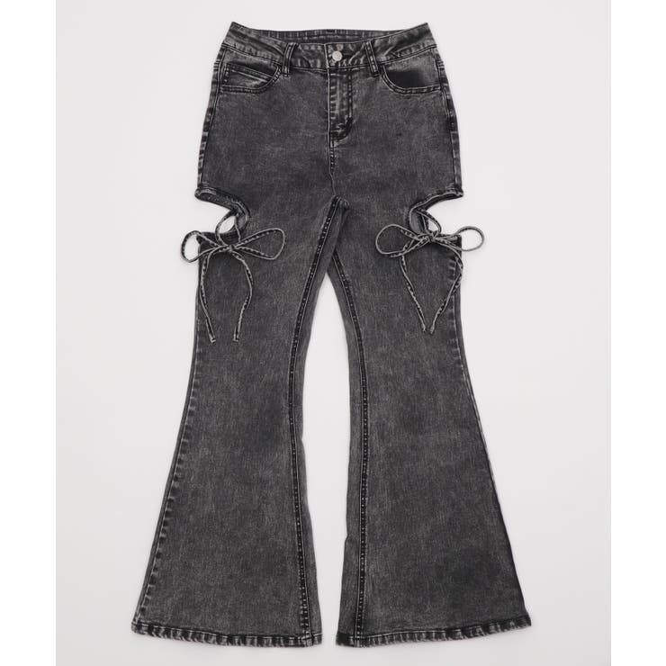 カットアウトリボンストレッチデニムフレアパンツ[品番：WG010095636