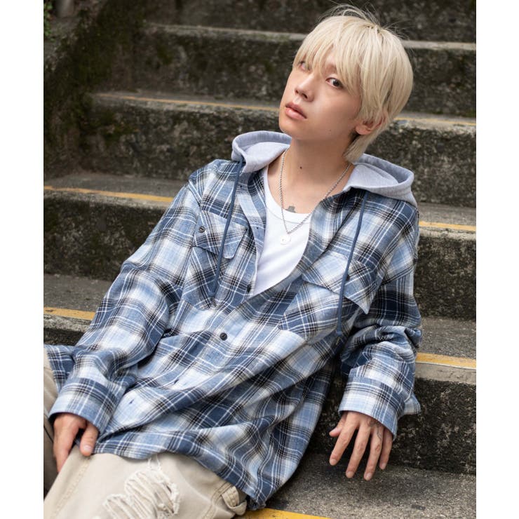 ブルーチェック1 | オンブレチェックフードネルシャツ(LS) | WEGO【MEN】