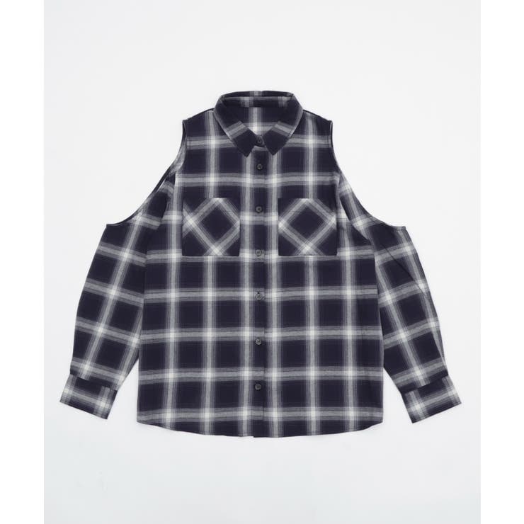 ネイビー | オープンショルダーチェックBIGシャツ | WEGO【WOMEN】