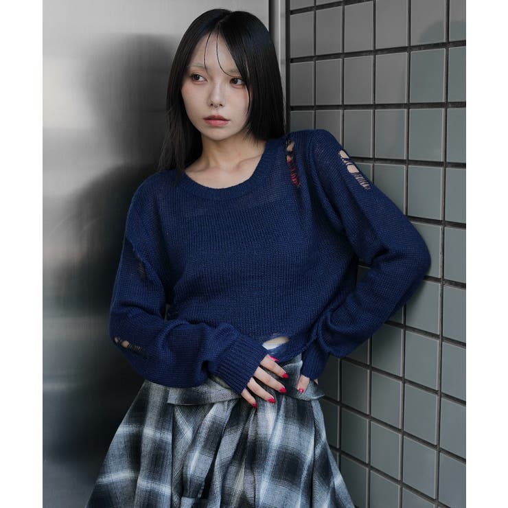 モヘアタッチダメージショートニット[品番：WG010095906]｜WEGO